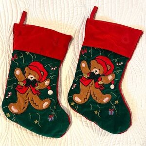 Appliqué Embroidered Red Velvet Christmas Bear Stockings Lights Up w Battery